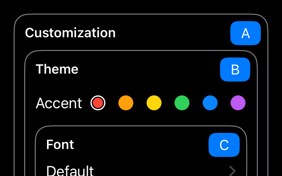 A customization panel with two nested groups with a tag in the top-right corner indicating each group.