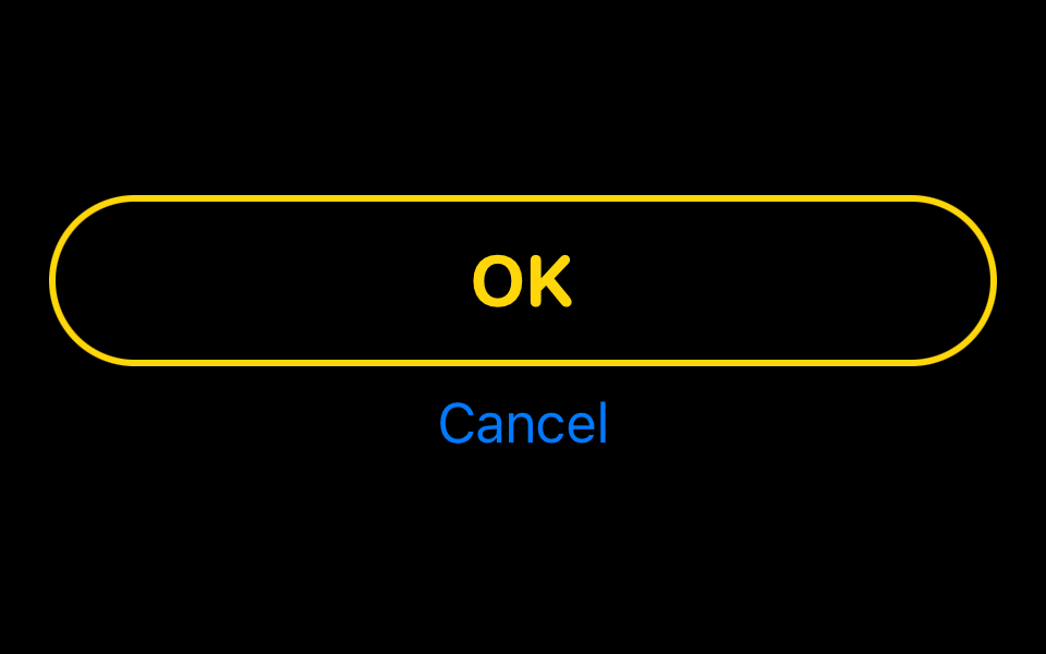 Two buttons: one with a yellow outline in a capsule shape, with large rounded font, and at full width, and the other with just a blue label