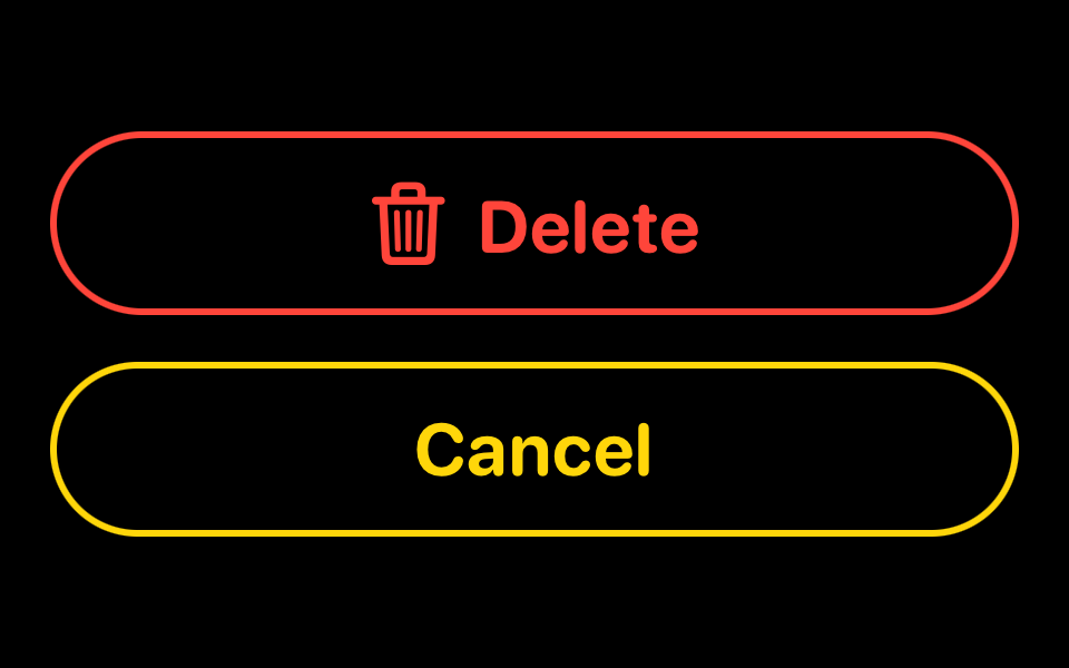 Two buttons in a VStack, one using a custom red outline button style, and one using a custom yellow outline button style.