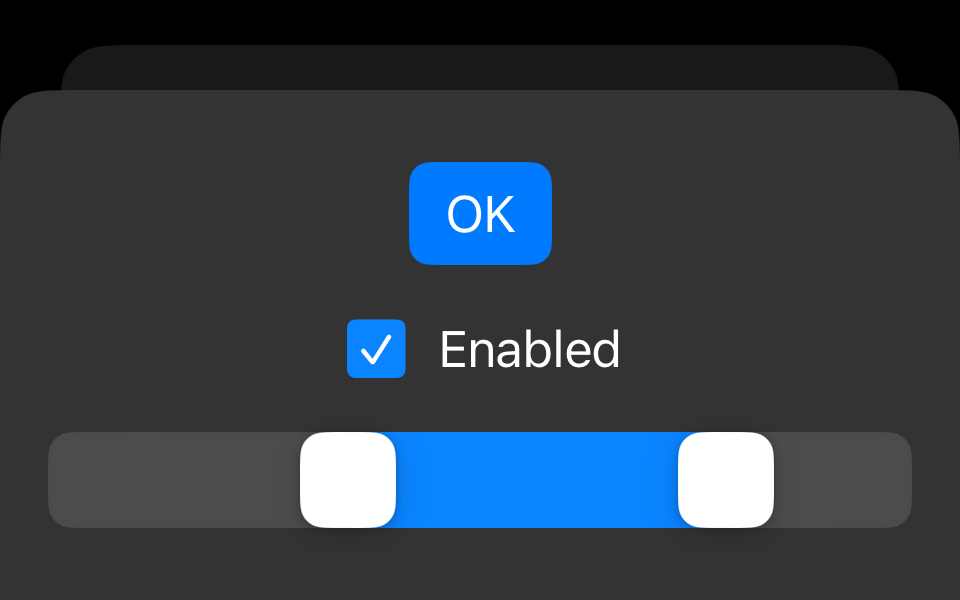 A sheet with a button, toggle, and range slider, where the button is displayed with a bordered prominent style, the toggle with a checkbox style, and the range slider with a rounded style.