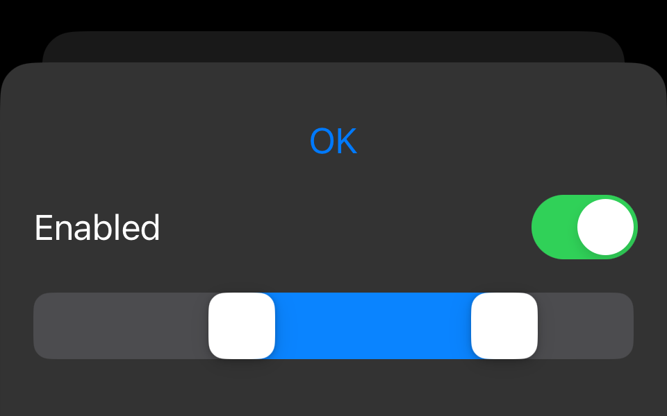 A sheet with a button, toggle, and range slider, where the button and toggle are displayed with their automatic styles, and the range slider is displayed with a rounded style.