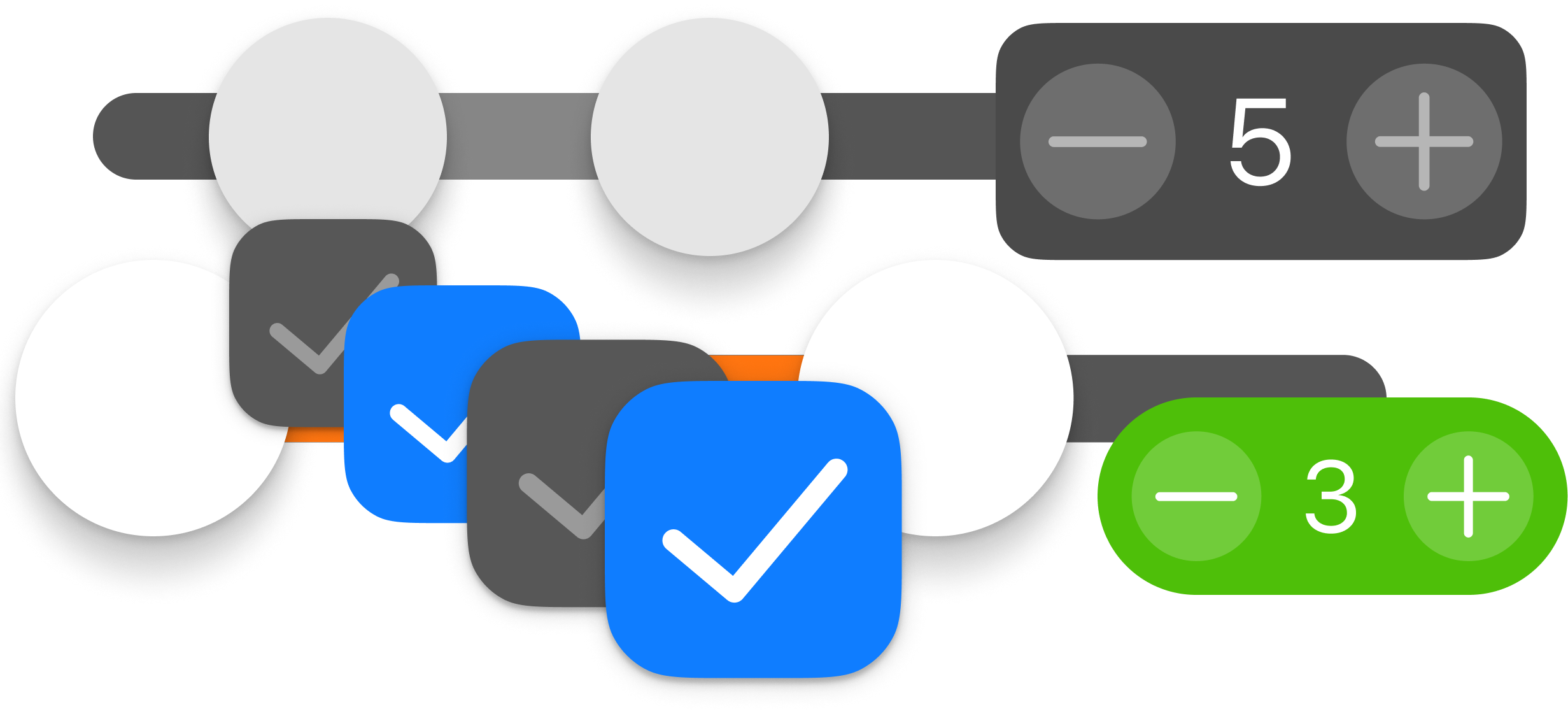 A pile of switches, checkboxes, and sliders with different states and sizes.